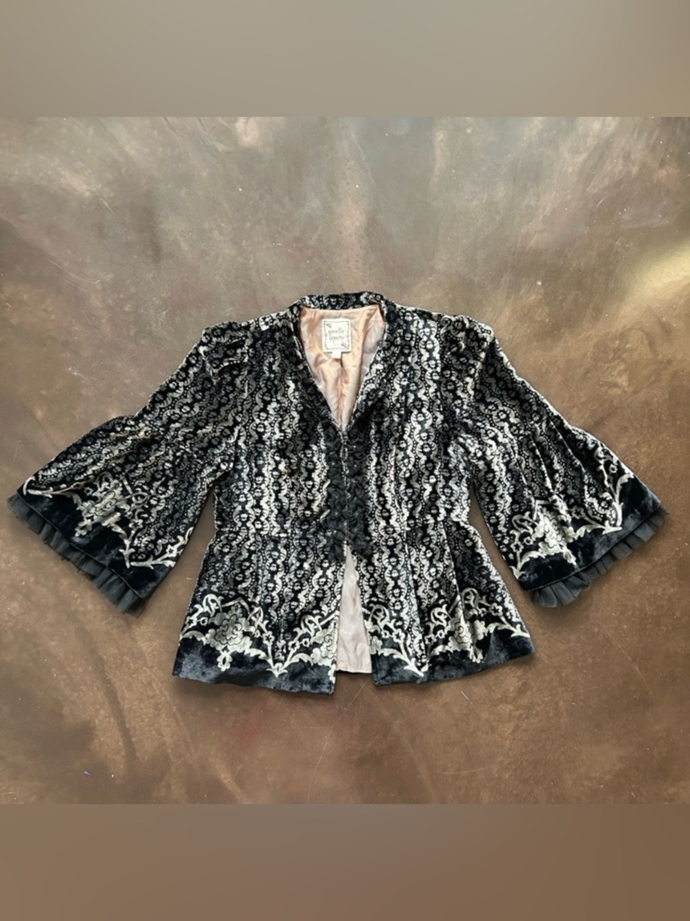 Nanette Lepore Black and Cream Velvet burnout blazer with frill details- size 6